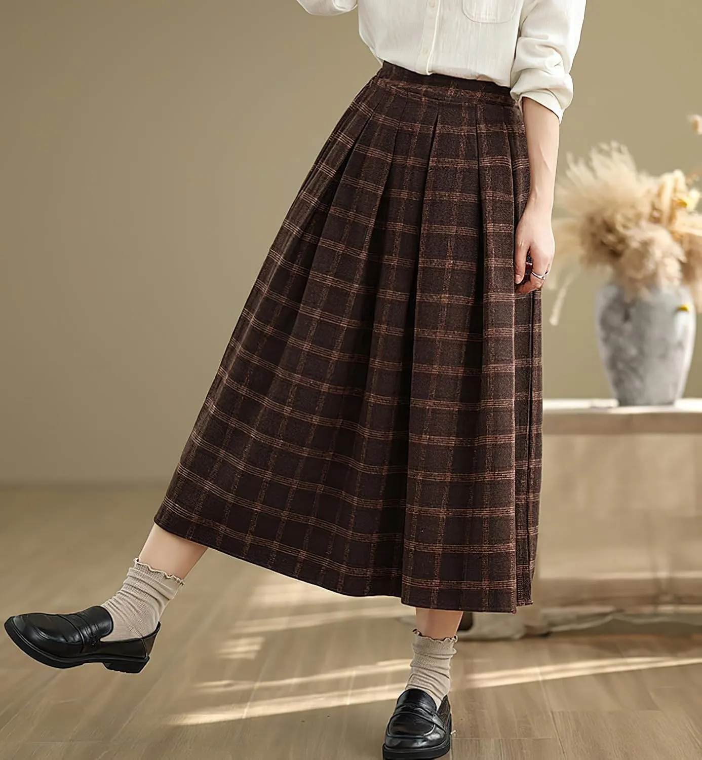 chouyatou Women's Retro Plaid Checkered Wool Skirt High Elastic Waist A-Line Pleated Midi Long Skirt
