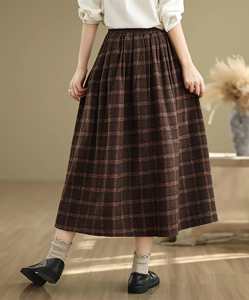 chouyatou Women's Retro Plaid Checkered Wool Skirt High Elastic Waist A-Line Pleated Midi Long Skirt