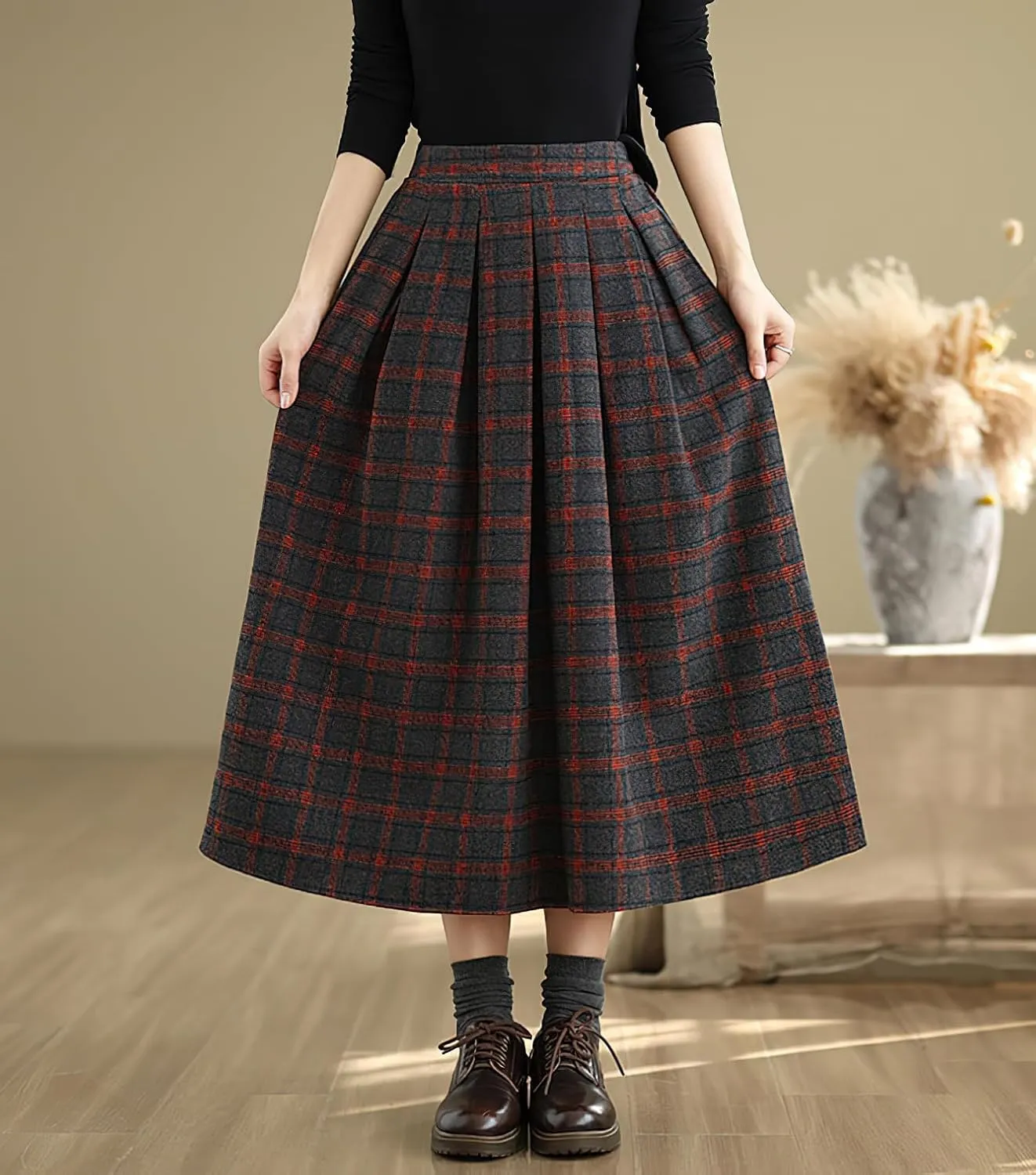 chouyatou Women's Retro Plaid Checkered Wool Skirt High Elastic Waist A-Line Pleated Midi Long Skirt