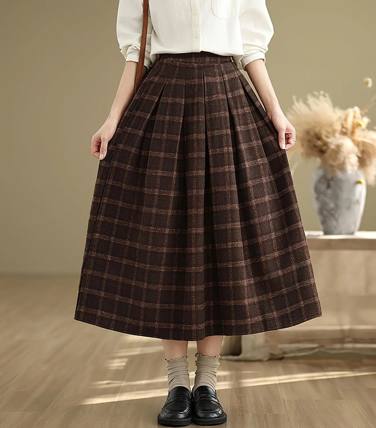 chouyatou Women's Retro Plaid Checkered Wool Skirt High Elastic Waist A-Line Pleated Midi Long Skirt