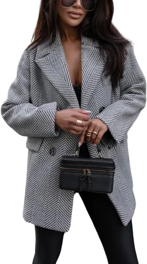 chouyatou Women's Thick Double Breasted Herringbone Wool Coat Striped Office Work Winter Pea Coat