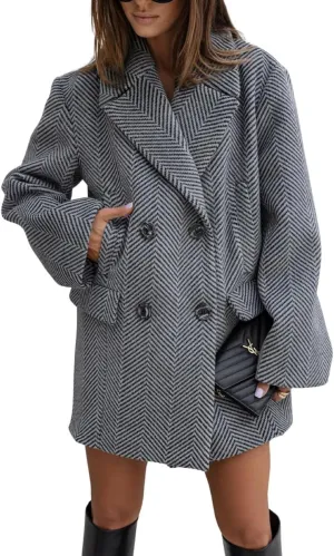 chouyatou Women's Thick Double Breasted Herringbone Wool Coat Striped Office Work Winter Pea Coat