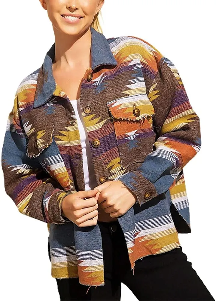 chouyatou Women's Tribal Aztec Pattern Button Down Trucker Shirt Jacket Shacket Coat