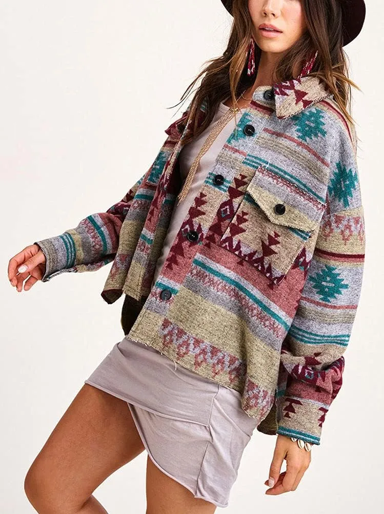 chouyatou Women's Tribal Aztec Pattern Button Down Trucker Shirt Jacket Shacket Coat