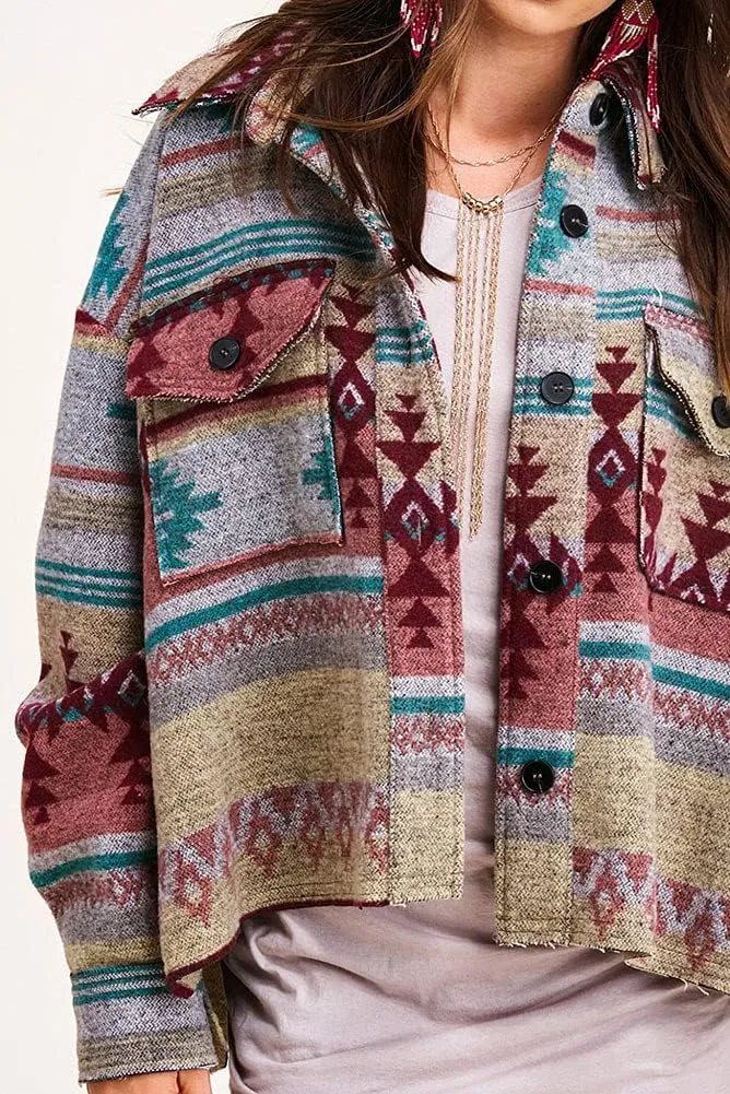 chouyatou Women's Tribal Aztec Pattern Button Down Trucker Shirt Jacket Shacket Coat