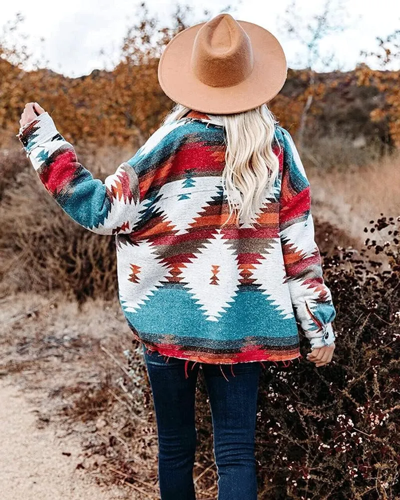 chouyatou Women's Tribal Aztec Pattern Button Down Trucker Shirt Jacket Shacket Coat