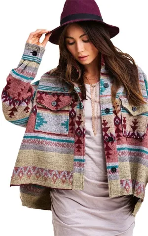 chouyatou Women's Tribal Aztec Pattern Button Down Trucker Shirt Jacket Shacket Coat