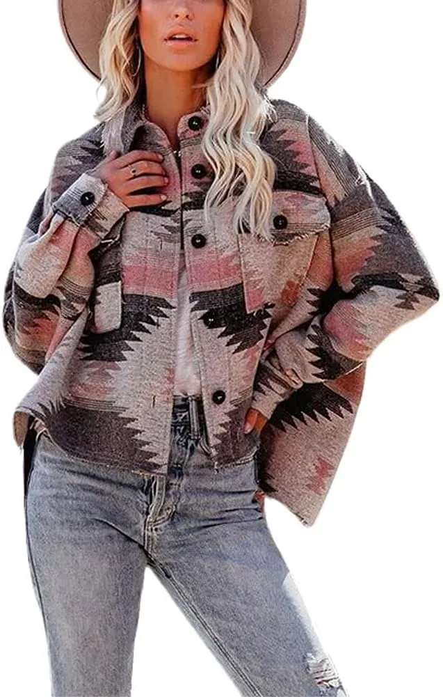 chouyatou Women's Tribal Aztec Pattern Button Down Trucker Shirt Jacket Shacket Coat