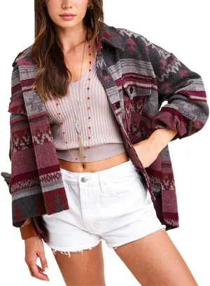 chouyatou Women's Tribal Aztec Pattern Button Down Trucker Shirt Jacket Shacket Coat
