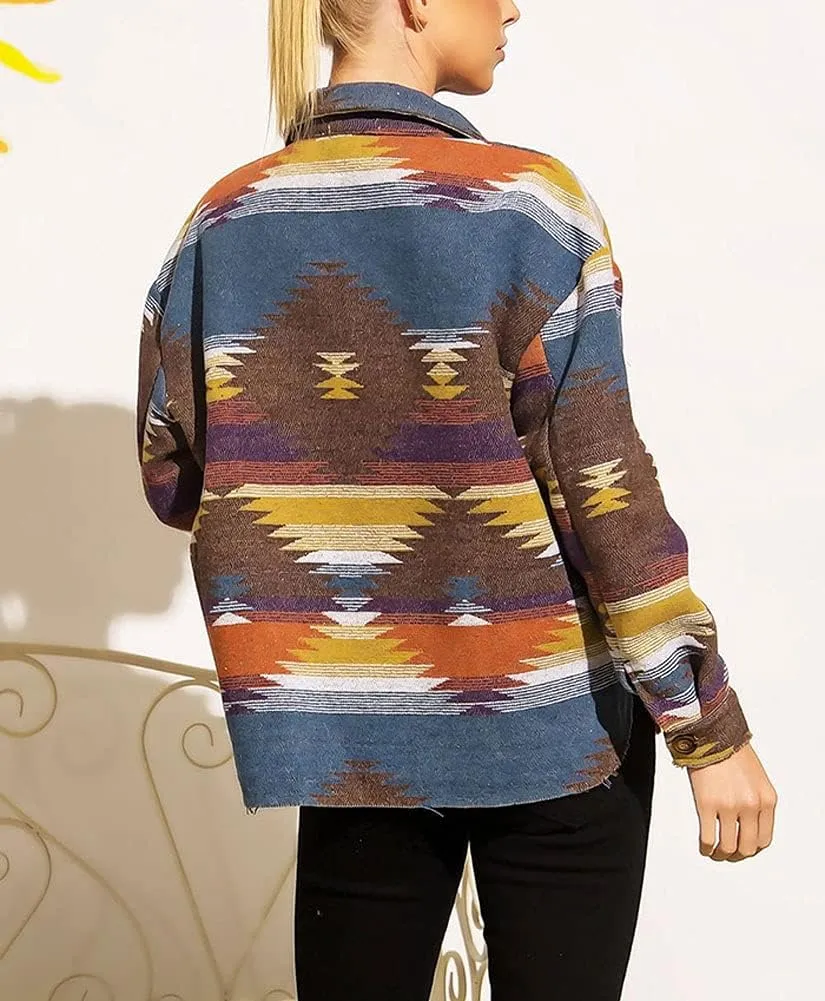 chouyatou Women's Tribal Aztec Pattern Button Down Trucker Shirt Jacket Shacket Coat