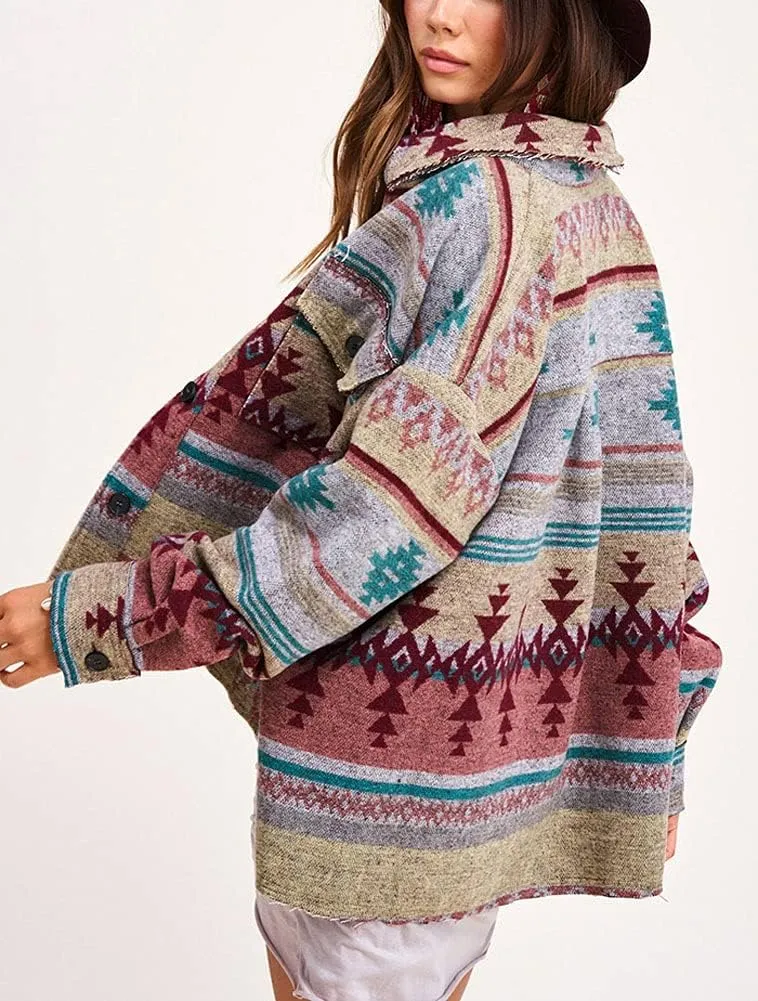 chouyatou Women's Tribal Aztec Pattern Button Down Trucker Shirt Jacket Shacket Coat