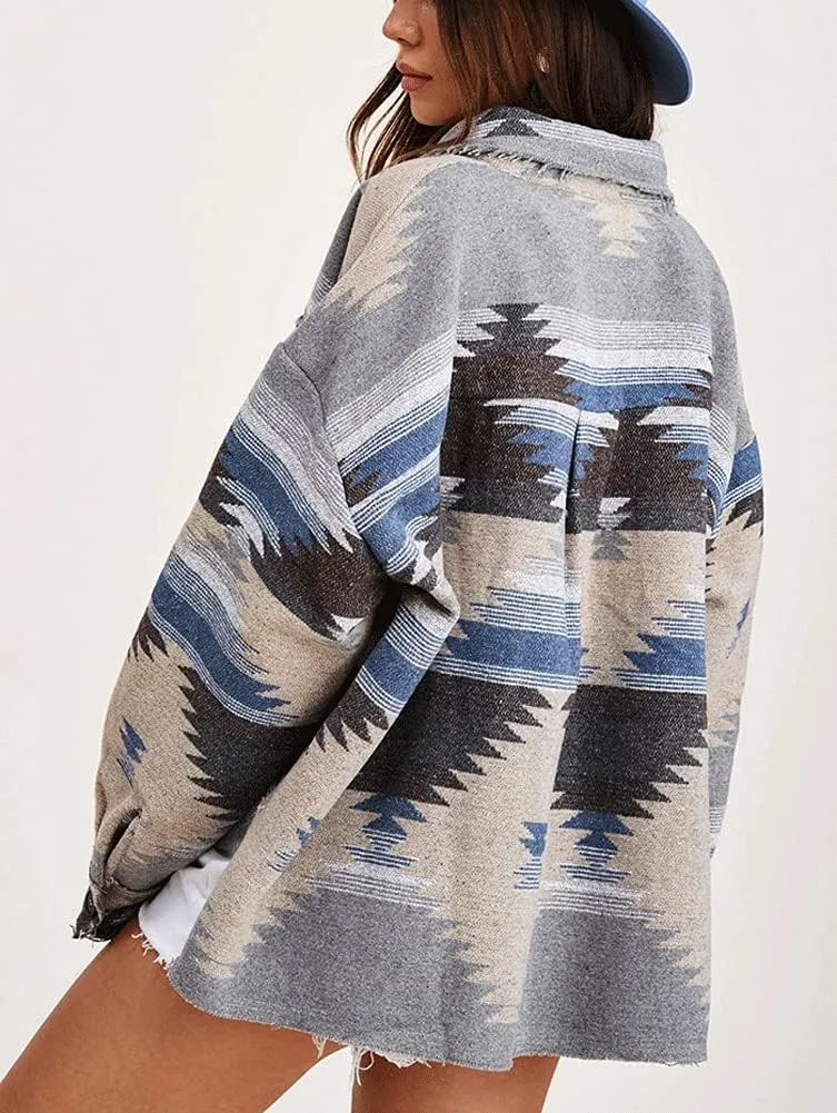 chouyatou Women's Tribal Aztec Pattern Button Down Trucker Shirt Jacket Shacket Coat