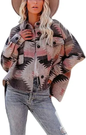 chouyatou Women's Tribal Aztec Pattern Button Down Trucker Shirt Jacket Shacket Coat