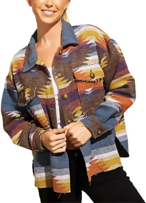chouyatou Women's Tribal Aztec Pattern Button Down Trucker Shirt Jacket Shacket Coat
