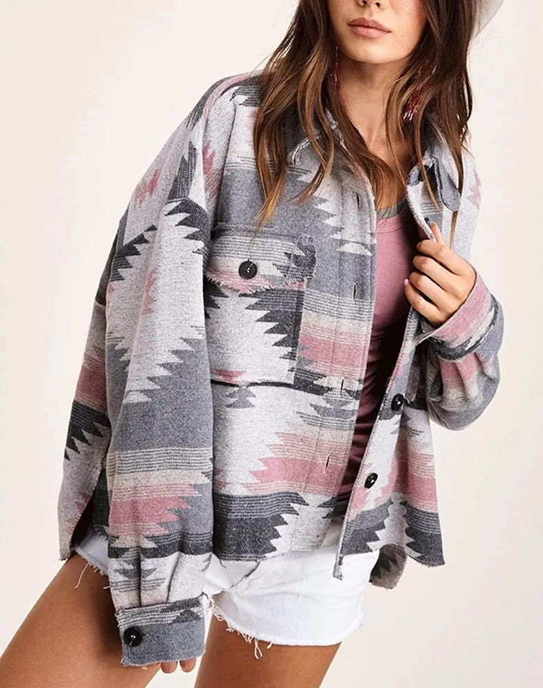 chouyatou Women's Tribal Aztec Pattern Button Down Trucker Shirt Jacket Shacket Coat
