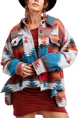 chouyatou Women's Tribal Aztec Pattern Button Down Trucker Shirt Jacket Shacket Coat
