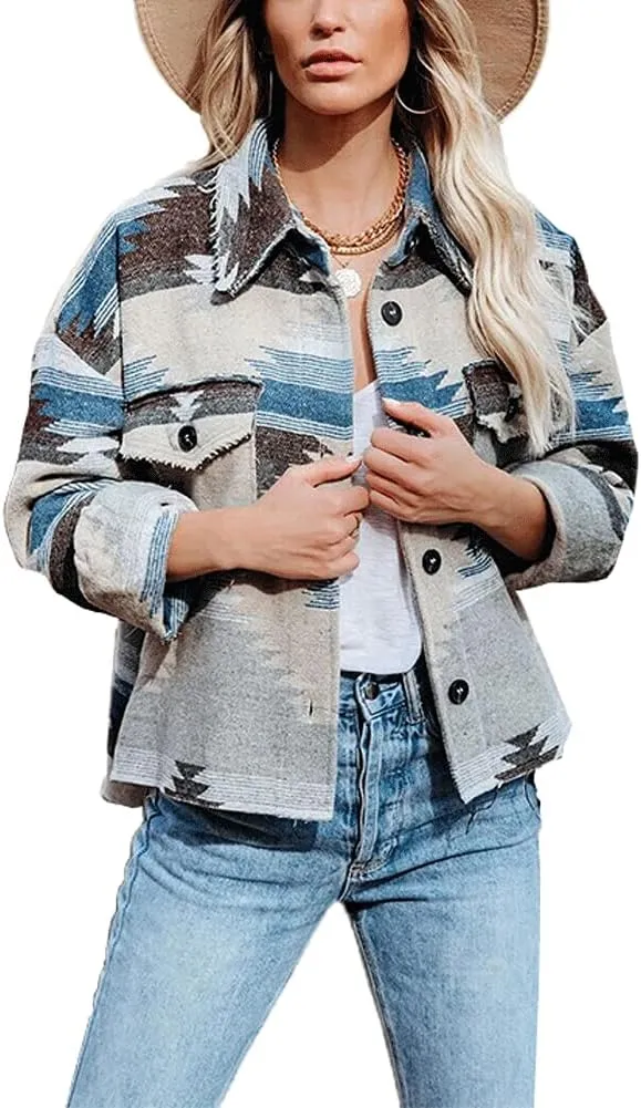 chouyatou Women's Tribal Aztec Pattern Button Down Trucker Shirt Jacket Shacket Coat