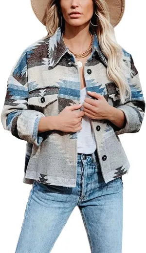 chouyatou Women's Tribal Aztec Pattern Button Down Trucker Shirt Jacket Shacket Coat