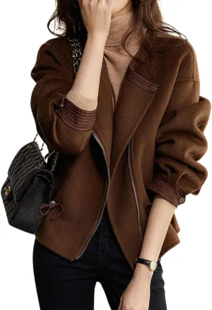 chouyatou Women's Waist Drawstring Cropped Wool Coat Zip Up Open Front Blazer Jacket Short Trench Coat