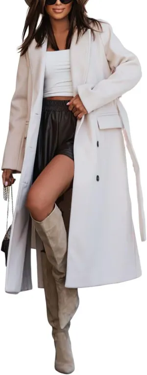 chouyatou Women's Winter Notch Lapel Wool Coat Double Breasted Business Casual Midi Long Woolen Trench Coat
