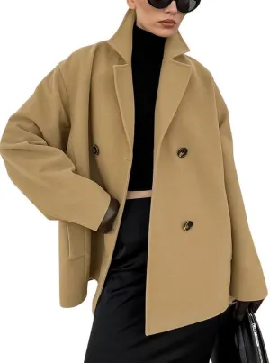 chouyatou Women's Winter Thick Double Breasted Wool Coat Notch Lapel Collar Office Work Short Trench Coat