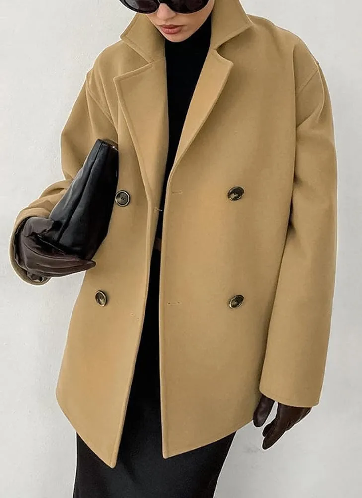 chouyatou Women's Winter Thick Double Breasted Wool Coat Notch Lapel Collar Office Work Short Trench Coat