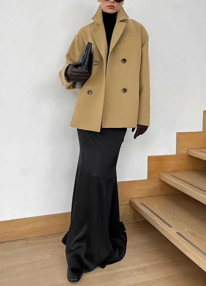 chouyatou Women's Winter Thick Double Breasted Wool Coat Notch Lapel Collar Office Work Short Trench Coat
