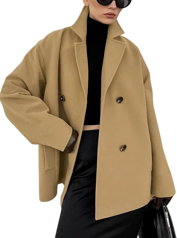 chouyatou Women's Winter Thick Double Breasted Wool Coat Notch Lapel Collar Office Work Short Trench Coat