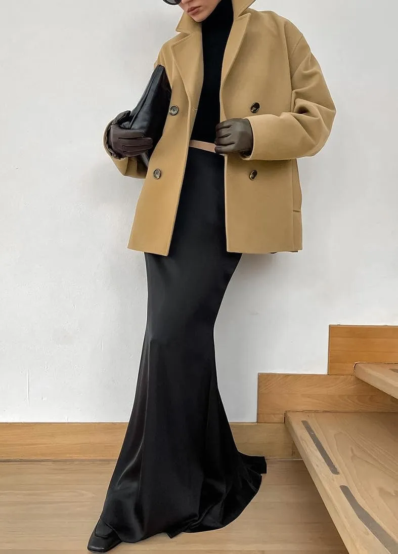 chouyatou Women's Winter Thick Double Breasted Wool Coat Notch Lapel Collar Office Work Short Trench Coat