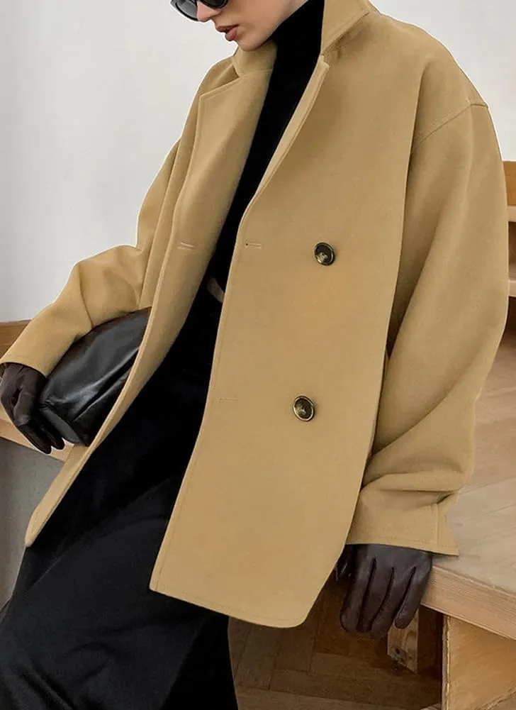 chouyatou Women's Winter Thick Double Breasted Wool Coat Notch Lapel Collar Office Work Short Trench Coat