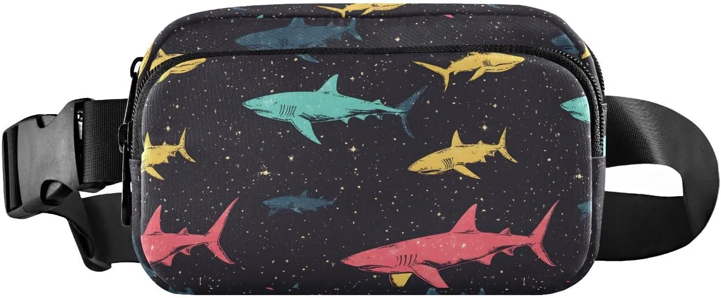 Colorful Sharks Fanny Pack Water Resistant, Women Men Waist Pack Sling Bag Purse for Travel Hiking