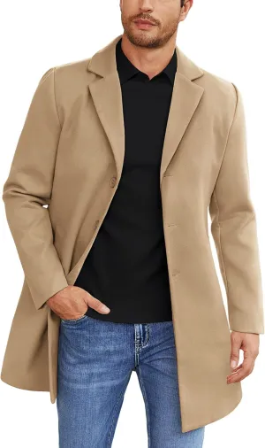 COOFANDY Wool Overcoat For Men Classic Overcoat Winter Trench Coat Notched Lapel Wool Blend Coat Outdoor Camel Coat Khaki S