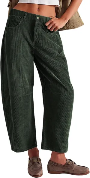 Corduroy Pants Women Wide Leg Corduroy Pants Casual Barrel Baggy Mid Rise Elastic Waist Cord Trousers