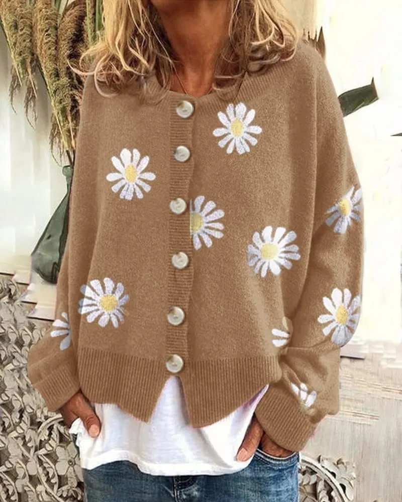 Costaric Womens Long Sleeve Daisy Flower Cardigan Sweaters Plus Size Aesthetic 90s Button Down Open Front Sweater Outfits