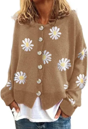 Costaric Womens Long Sleeve Daisy Flower Cardigan Sweaters Plus Size Aesthetic 90s Button Down Open Front Sweater Outfits