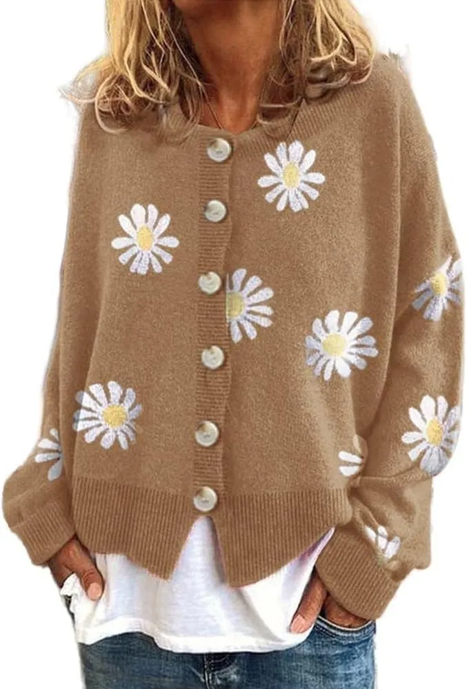 Costaric Womens Long Sleeve Daisy Flower Cardigan Sweaters Plus Size Aesthetic 90s Button Down Open Front Sweater Outfits