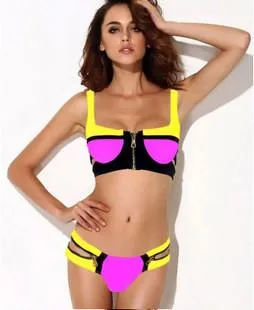 Cut Out Spaghetti Strap Zipper Low Waist Bikini Set Swimwear