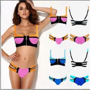 Cut Out Spaghetti Strap Zipper Low Waist Bikini Set Swimwear