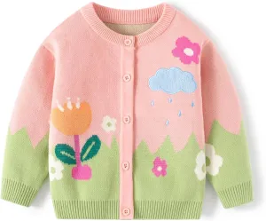 Cute Baby Girls Hearts Knit Cardigan Sweater, Toddler Loose Long Sleeve Shirts Warm Tops for Fall Winter Love Design