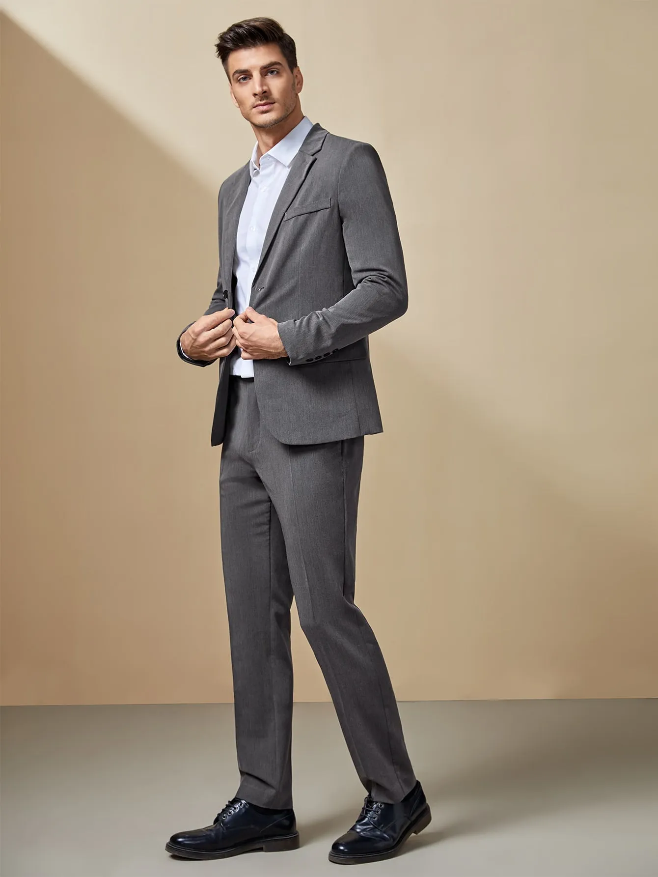 Dark Grey Single Breasted Notched Collar Blazer And Pants Set