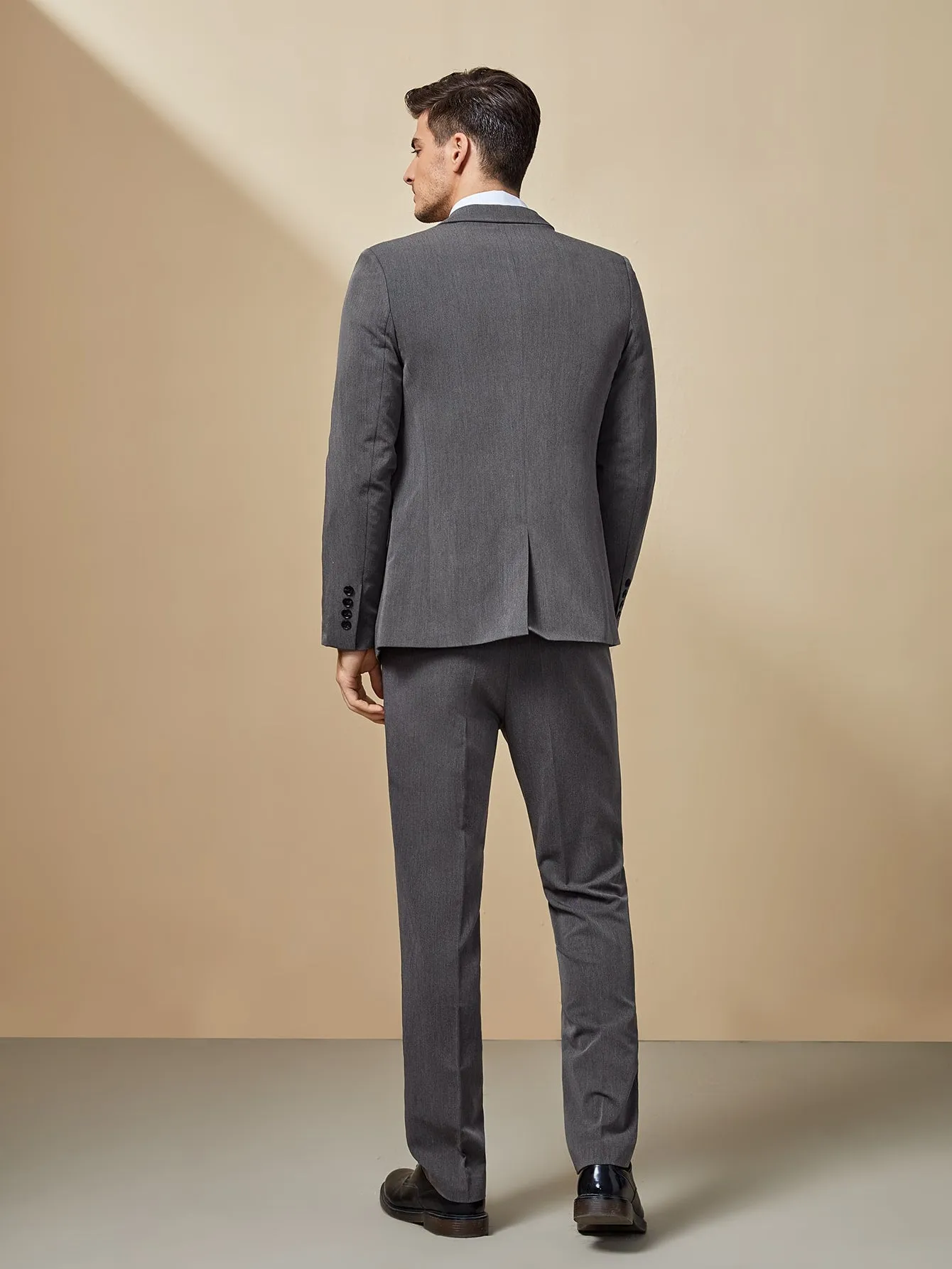 Dark Grey Single Breasted Notched Collar Blazer And Pants Set