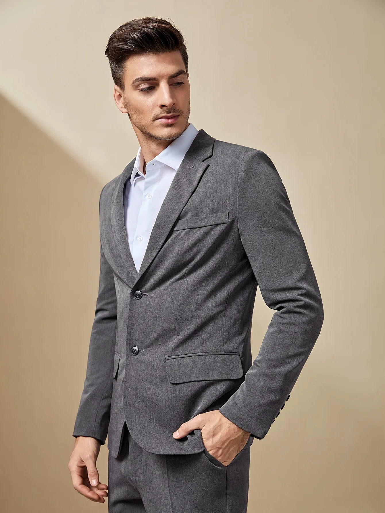 Dark Grey Single Breasted Notched Collar Blazer And Pants Set