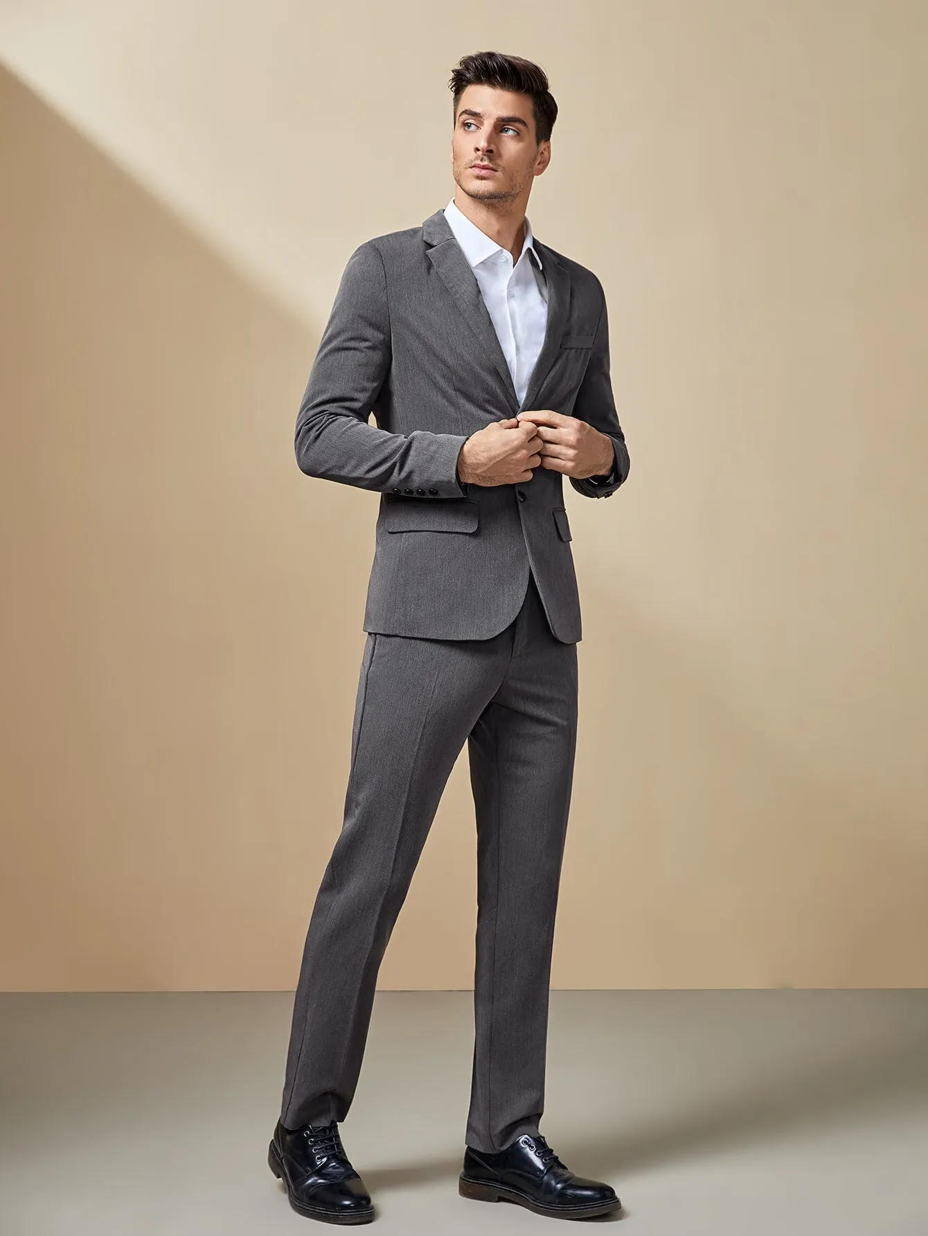 Dark Grey Single Breasted Notched Collar Blazer And Pants Set