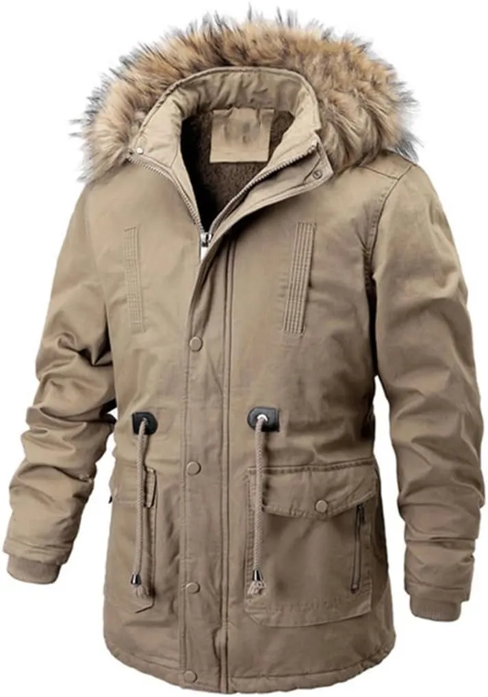 Dbdkejj Mens Big Pockets Medium-Long Warm Cotton Padded Coat Causal Overcoat
