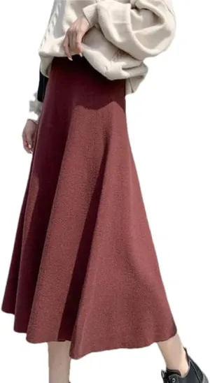 DBFBDTU Women's Autumn Thick Large Swing Knitted Long Skirt Pleated Skirt High Waist A-Line Midi Skirt