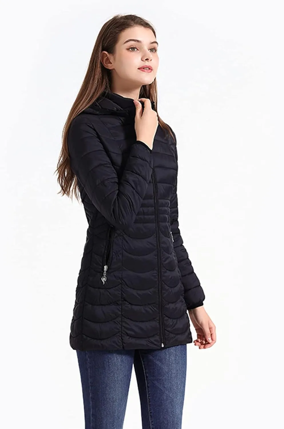DGHM-JLMY Women's Zipper Hooded Detachable Cotton-Padded Jacket Long Quilted Winter Coat Thicken Puffer Jacket