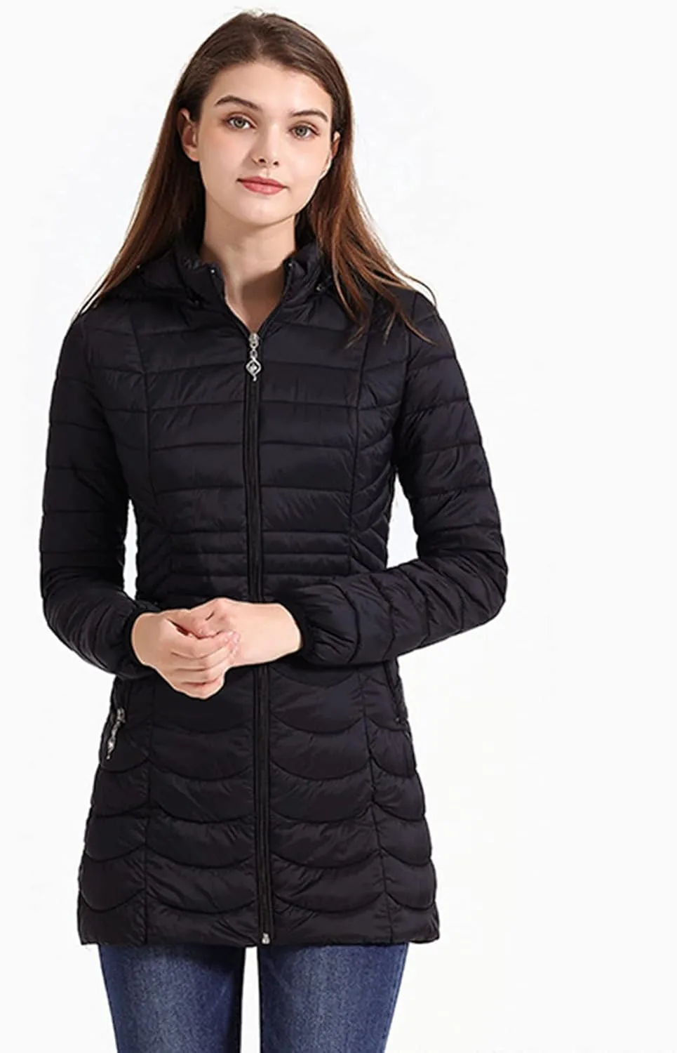 DGHM-JLMY Women's Zipper Hooded Detachable Cotton-Padded Jacket Long Quilted Winter Coat Thicken Puffer Jacket