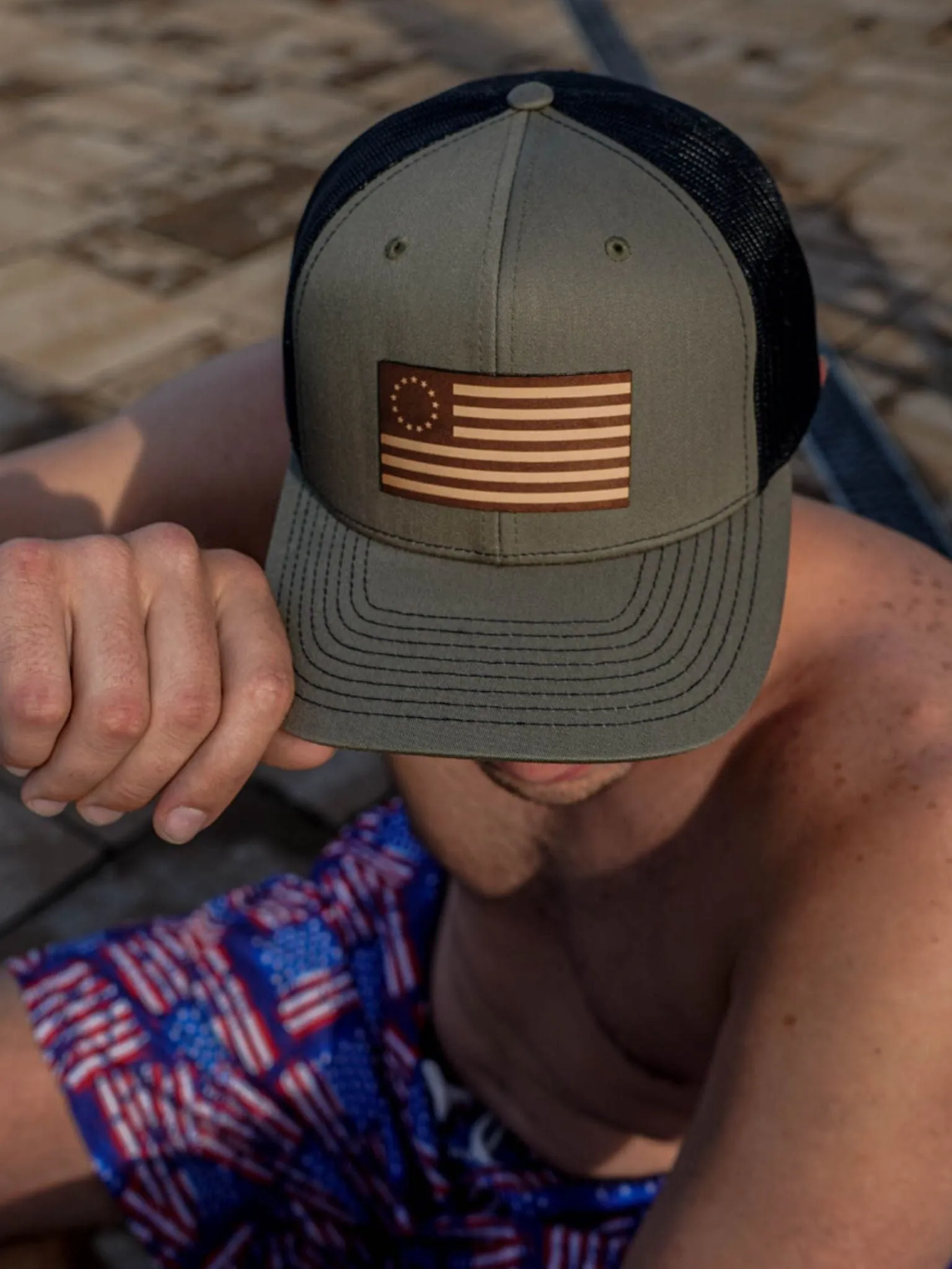 Distressed American Flag Swim Trunks