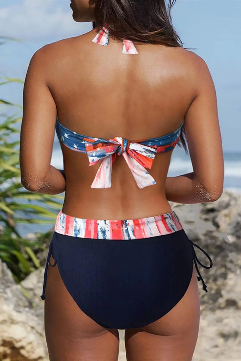 Distressed National Flag Print Stylish Halter Collar Bikini