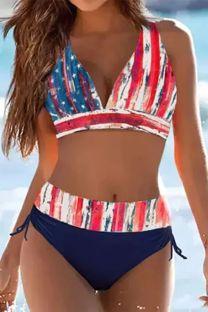 Distressed National Flag Print Stylish Halter Collar Bikini